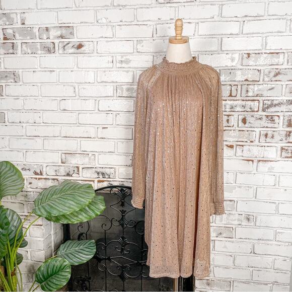 Nina Leonard Rose Gold Metallic Chiffon Sheer Mock Neck Cocktail Midi Dress - Picture 5 of 16